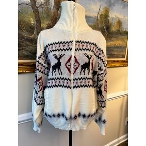 Vintage Blair Reindeer Fair Isle Full Zip Cardigan Sweater Cream Mens Sz M
